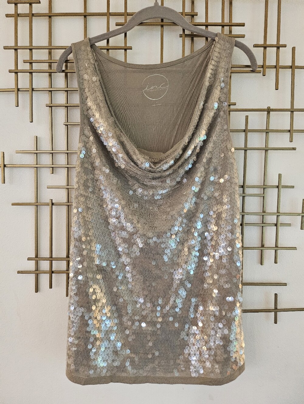INC International Concepts Sequin Cowl Neck Camisole in Champagne